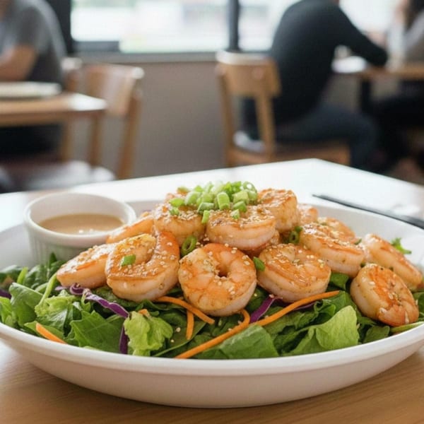 Stix By AZN's shrimp salad with sesame seeds, green onions, and a side of dressing.