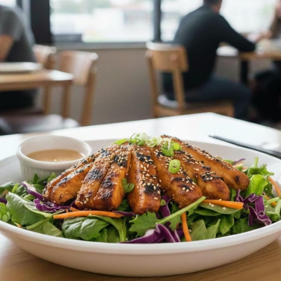 Grilled chicken with sesame seeds and green onions on a fresh salad with dressing.