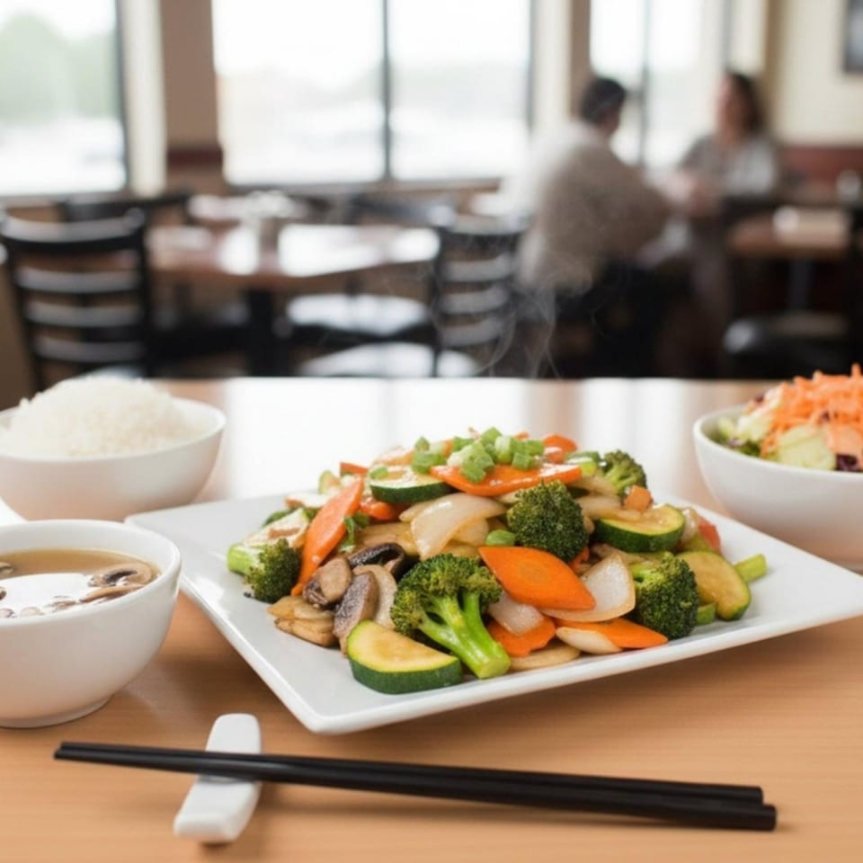 Steaming stir-fried vegetables, rice, soup, and salad on a table at Stix By AZN restaurant.