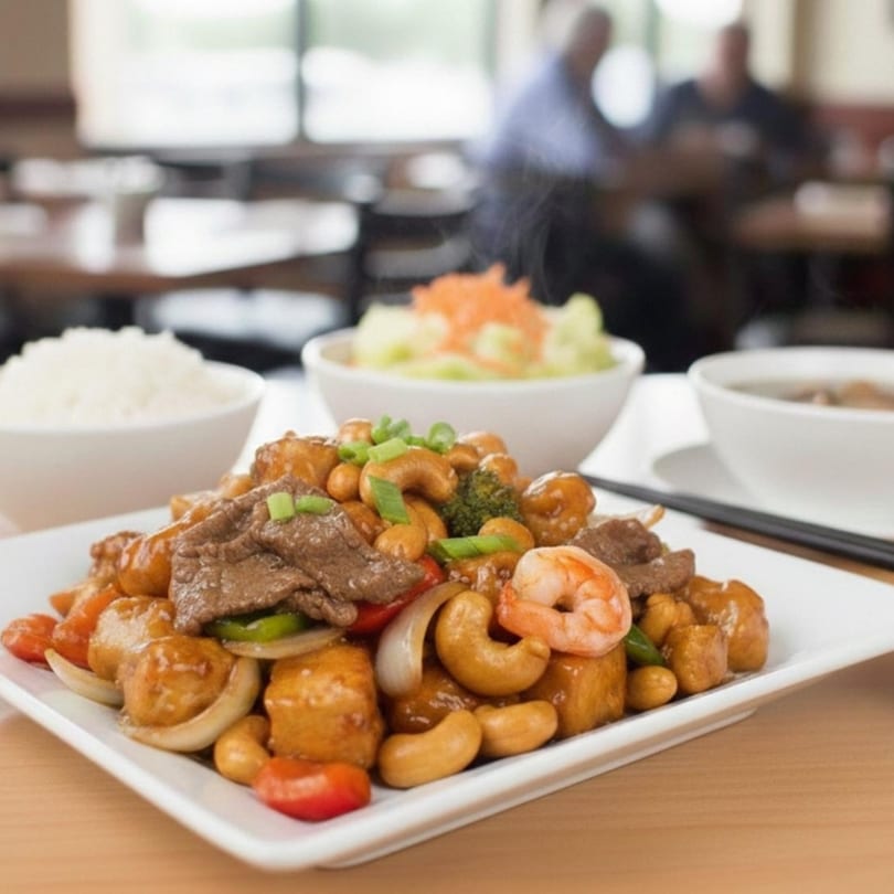 Stix By AZN's Asian stir-fry with beef, shrimp, tofu, cashews, and vegetables, served with rice and salad.