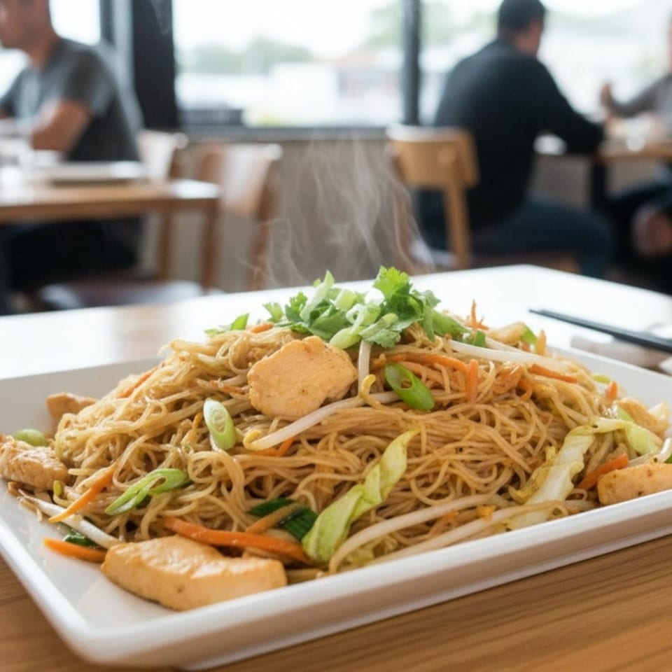 Steaming plate of Asian noodles with chicken, vegetables, and cilantro at Stix By AZN.