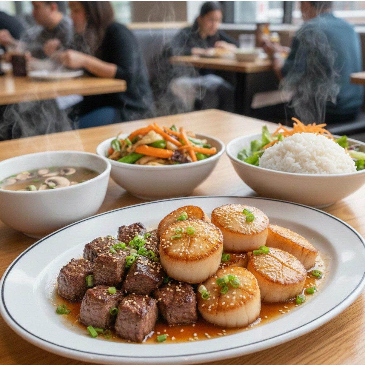 Hi Steak & Scallops (H Salad & Mushroom Soup).