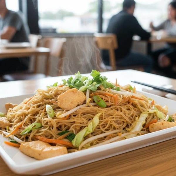 Steaming Asian noodles with tofu, vegetables, and cilantro on a white plate in a restaurant setting.